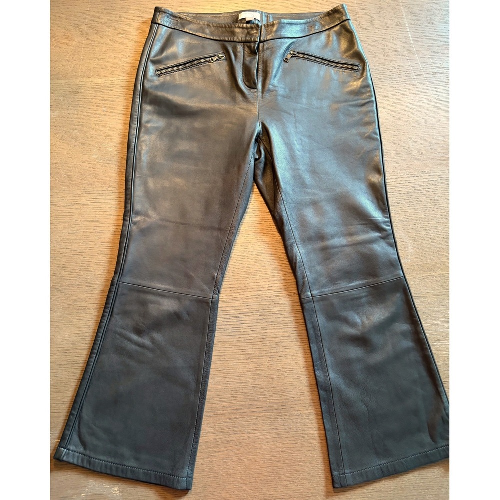 Olivia Palermo Chelsea28 Black Leather Flared Pants Zipper Pockets Womens 8